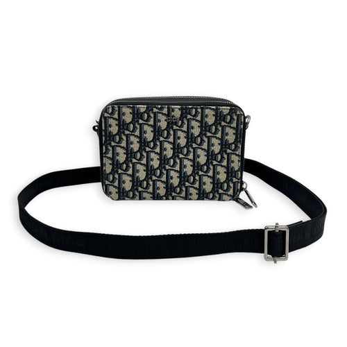 Double Zip Camera Shoulder Bag Blue in Canvas, Silver hardware