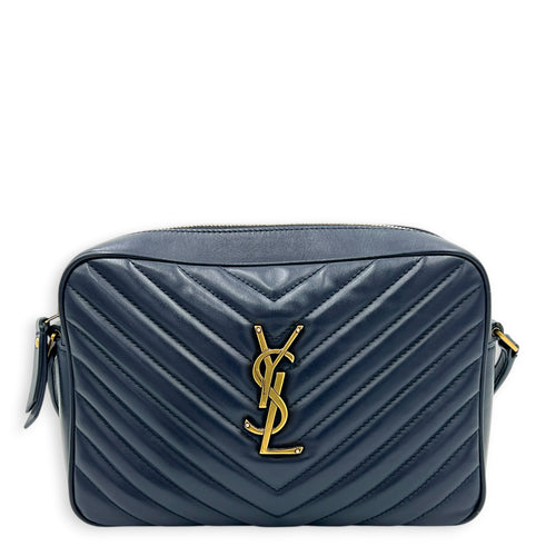 Lou Camera Shoulder Bag Blue in Calfskin, Gold hardware