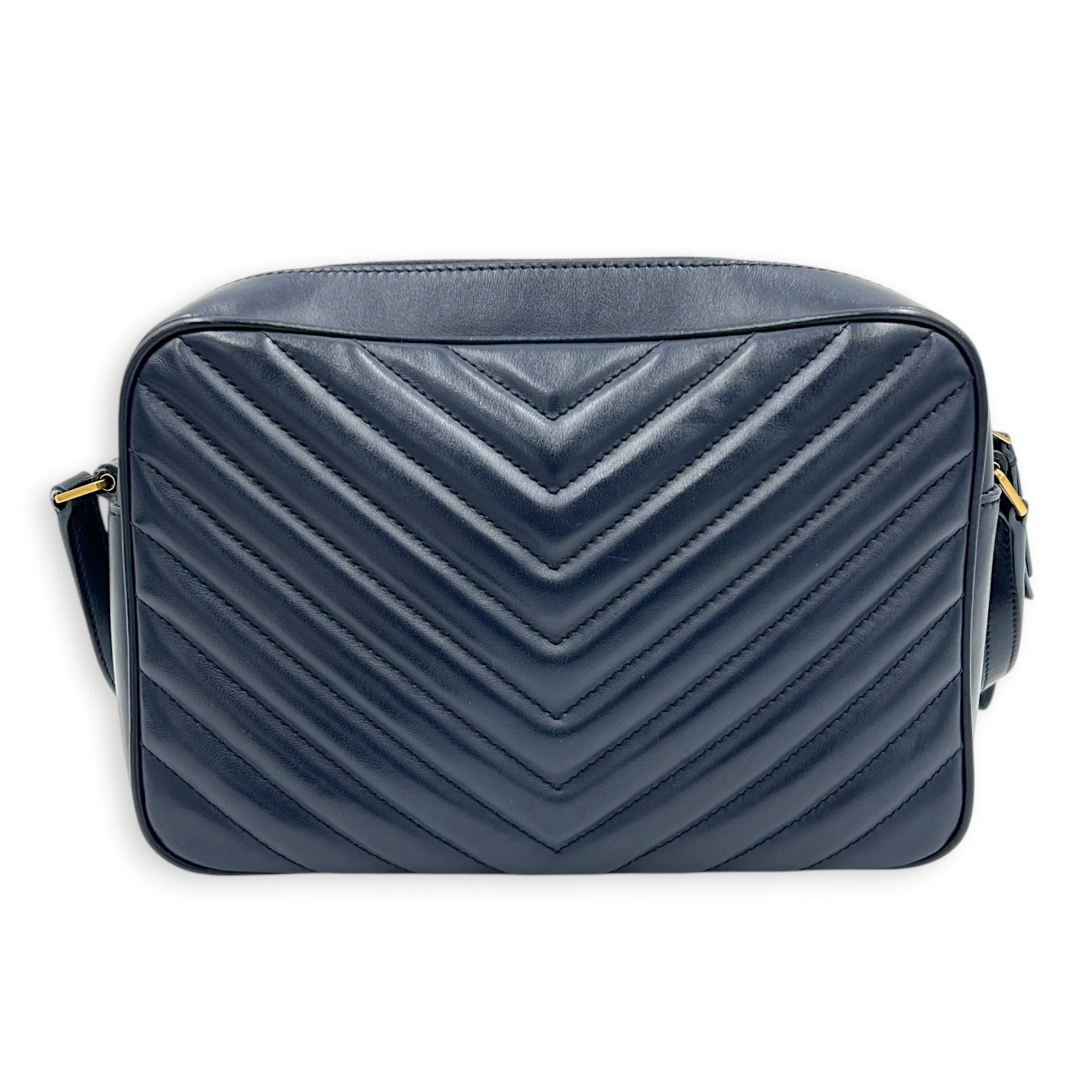 Lou Camera Shoulder Bag Blue in Calfskin, Gold hardware