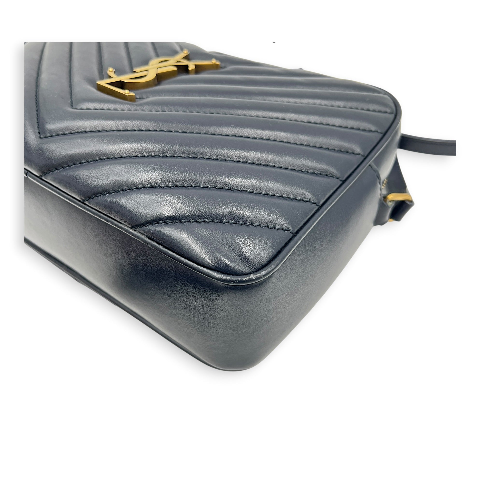 Lou Camera Shoulder Bag Blue in Calfskin, Gold hardware