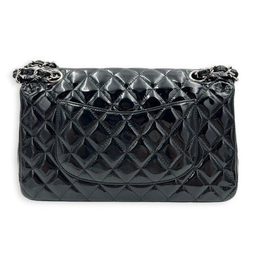 Classic Medium Black Shoulder Bag in Patent Leather, Silver hardware