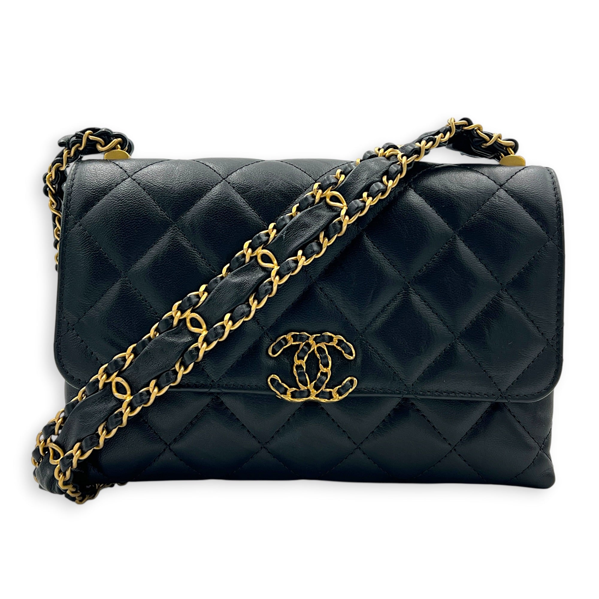 23K CC Flap Shoulder Bag Black in Calfskin, Gold hardware