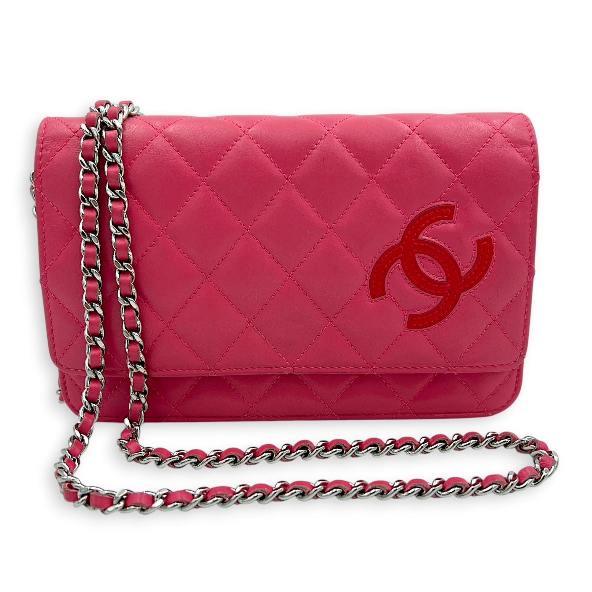 CC Wallet On Chain Pink in Lambskin, Silver hardware