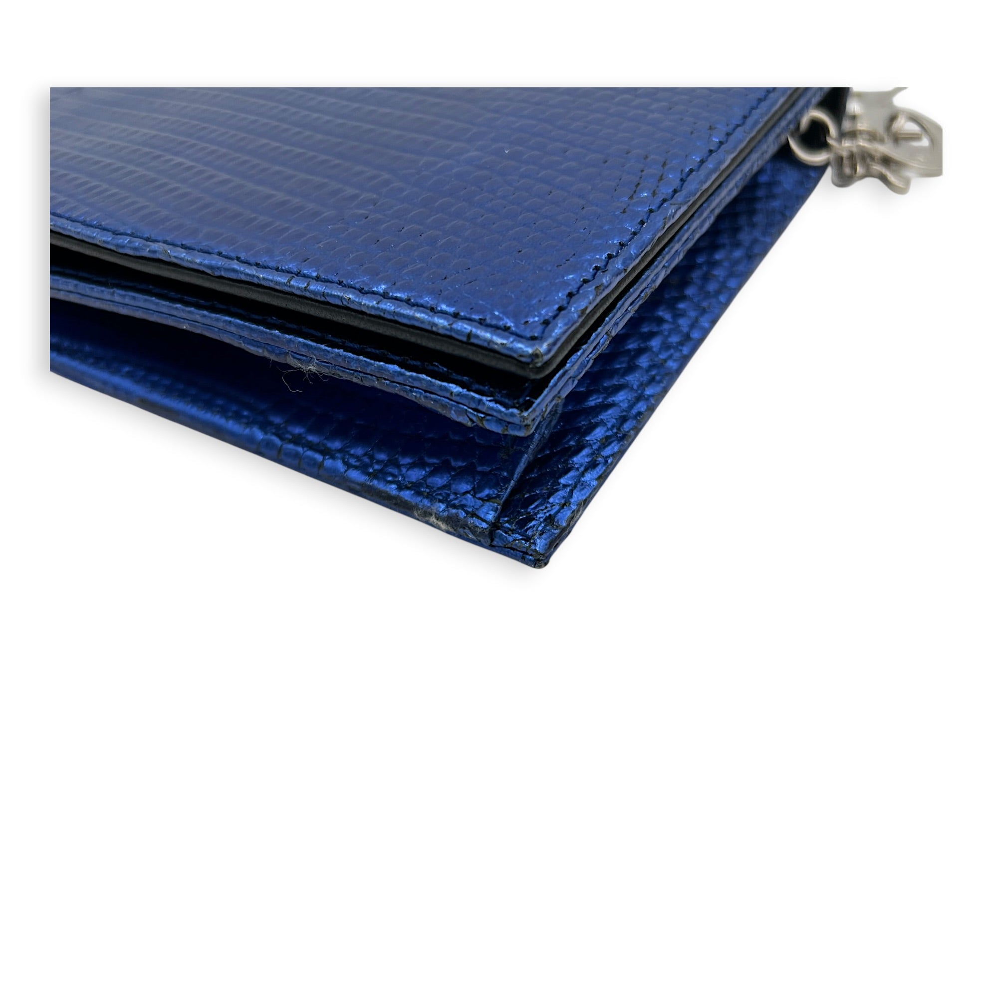 Cannage Clutch On Chain Blue in Embossed Lizard, Silver hardware