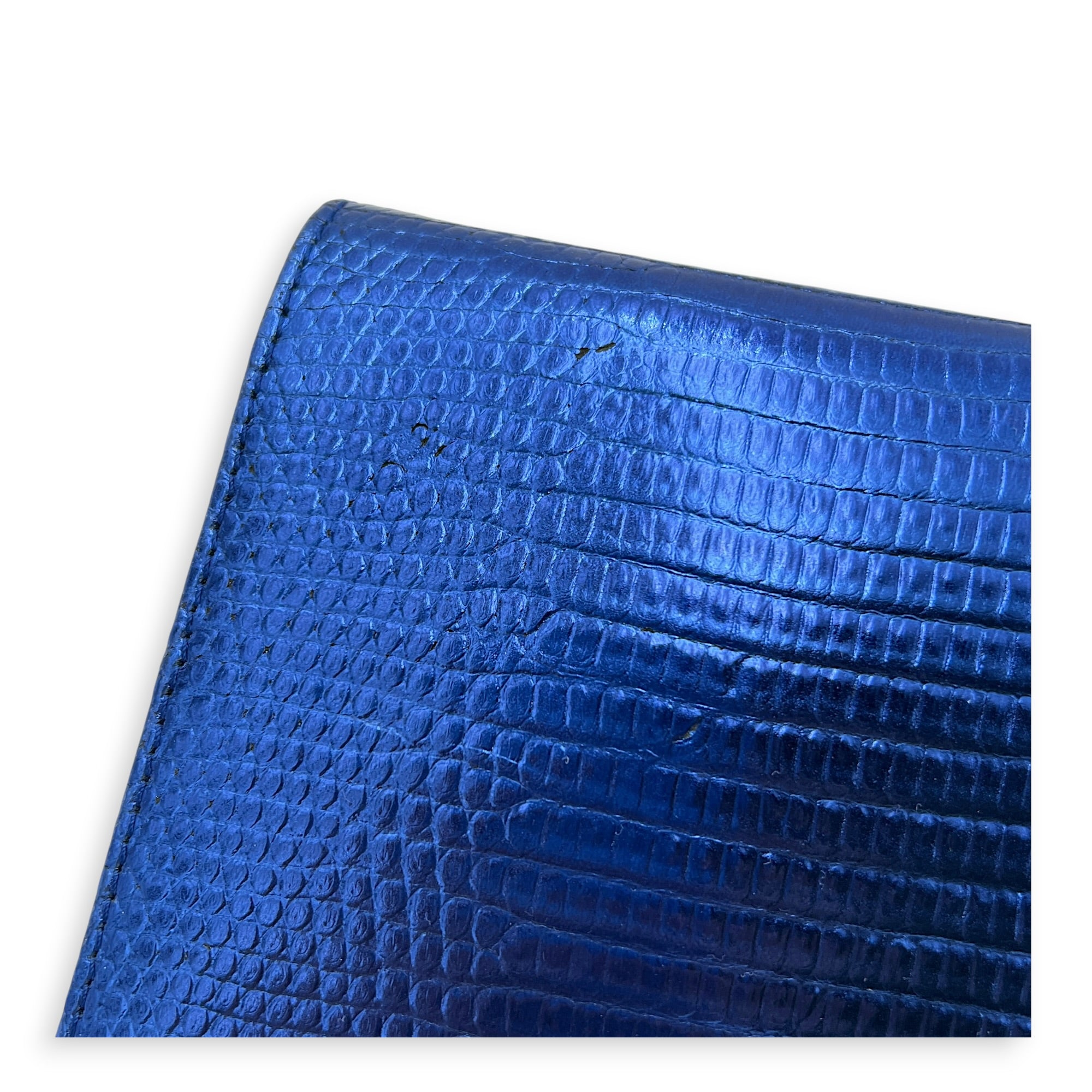 Cannage Clutch On Chain Blue in Embossed Lizard, Silver hardware