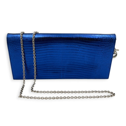 Cannage Clutch On Chain Blue in Embossed Lizard, Silver hardware