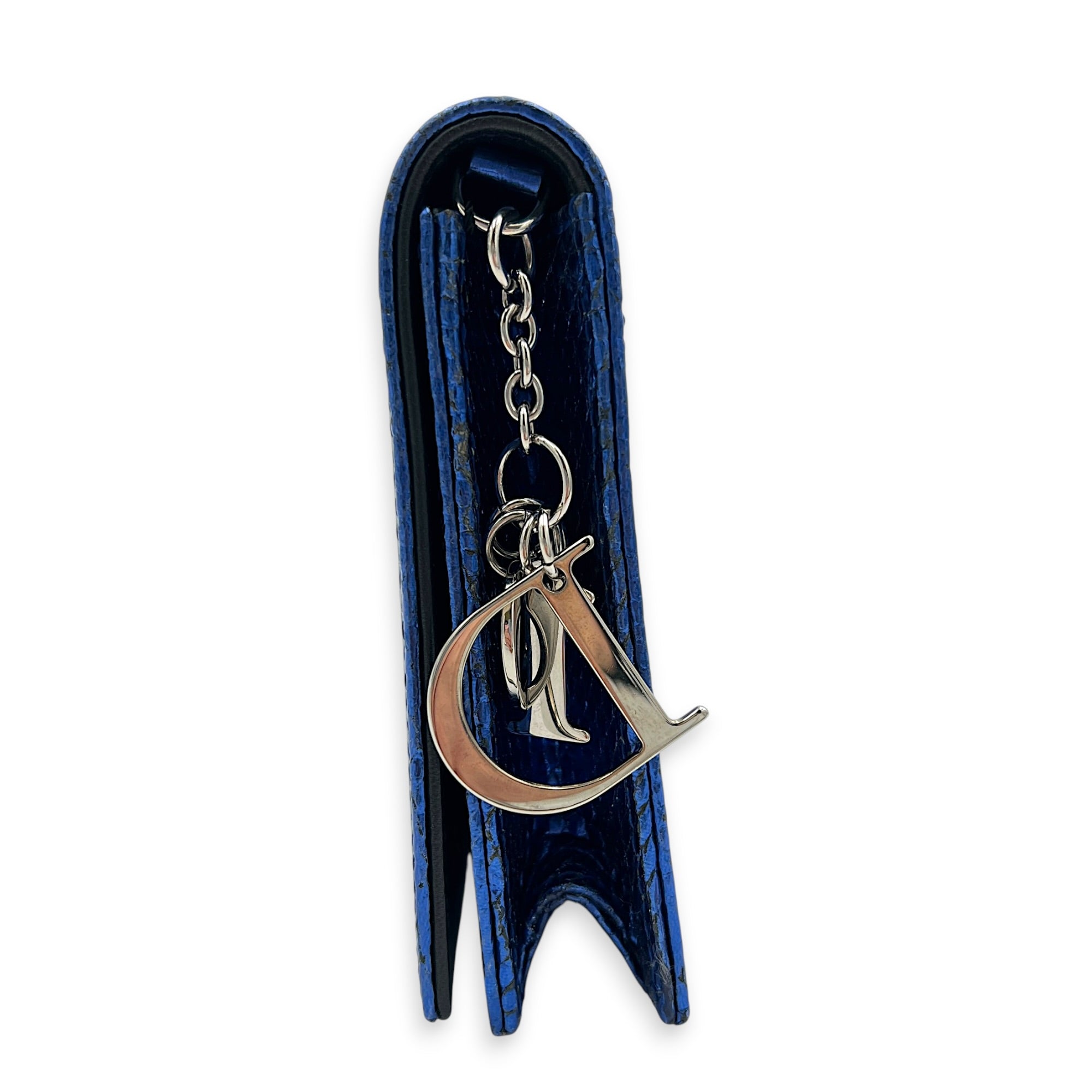 Cannage Clutch On Chain Blue in Embossed Lizard, Silver hardware