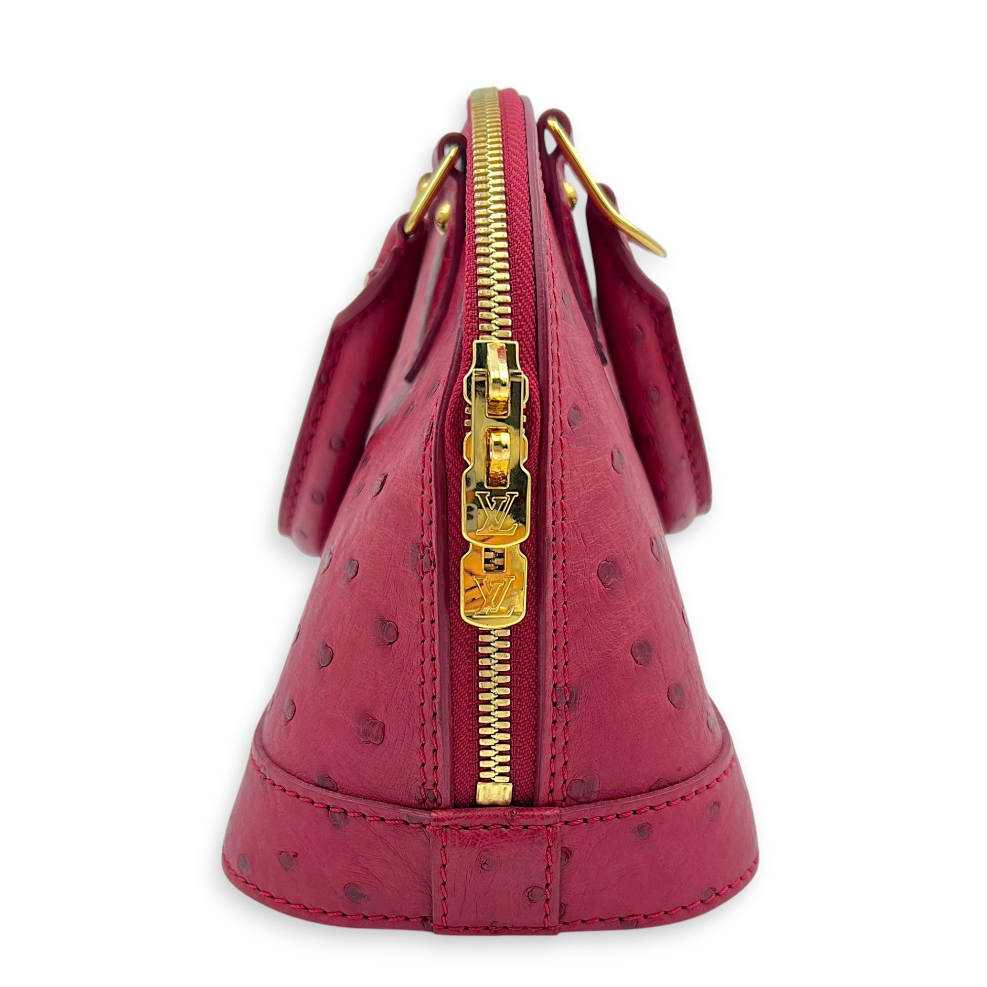 Alma Top Handle Bag BB Red in Ostrich, Gold hardware