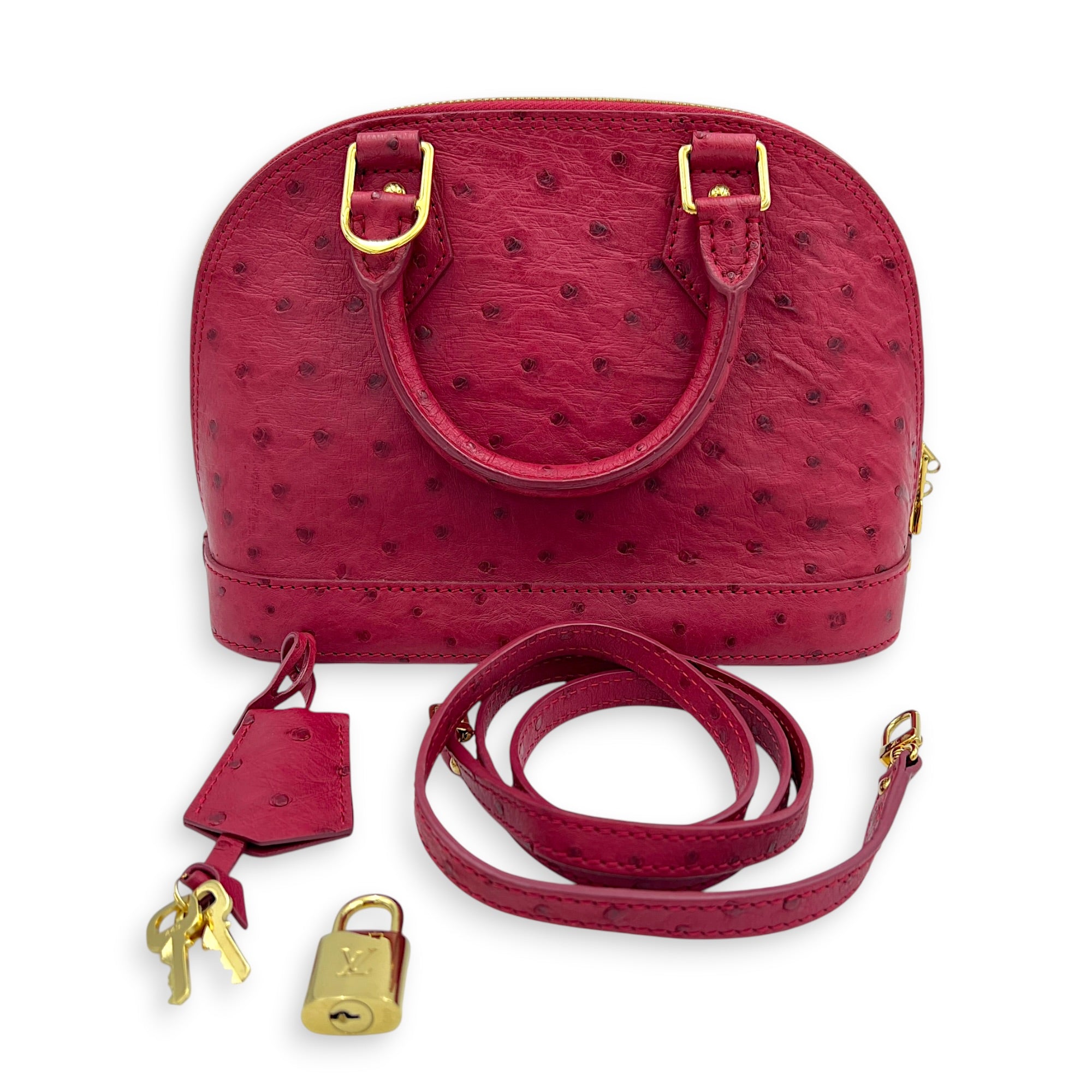 Alma Top Handle Bag BB Red in Ostrich, Gold hardware