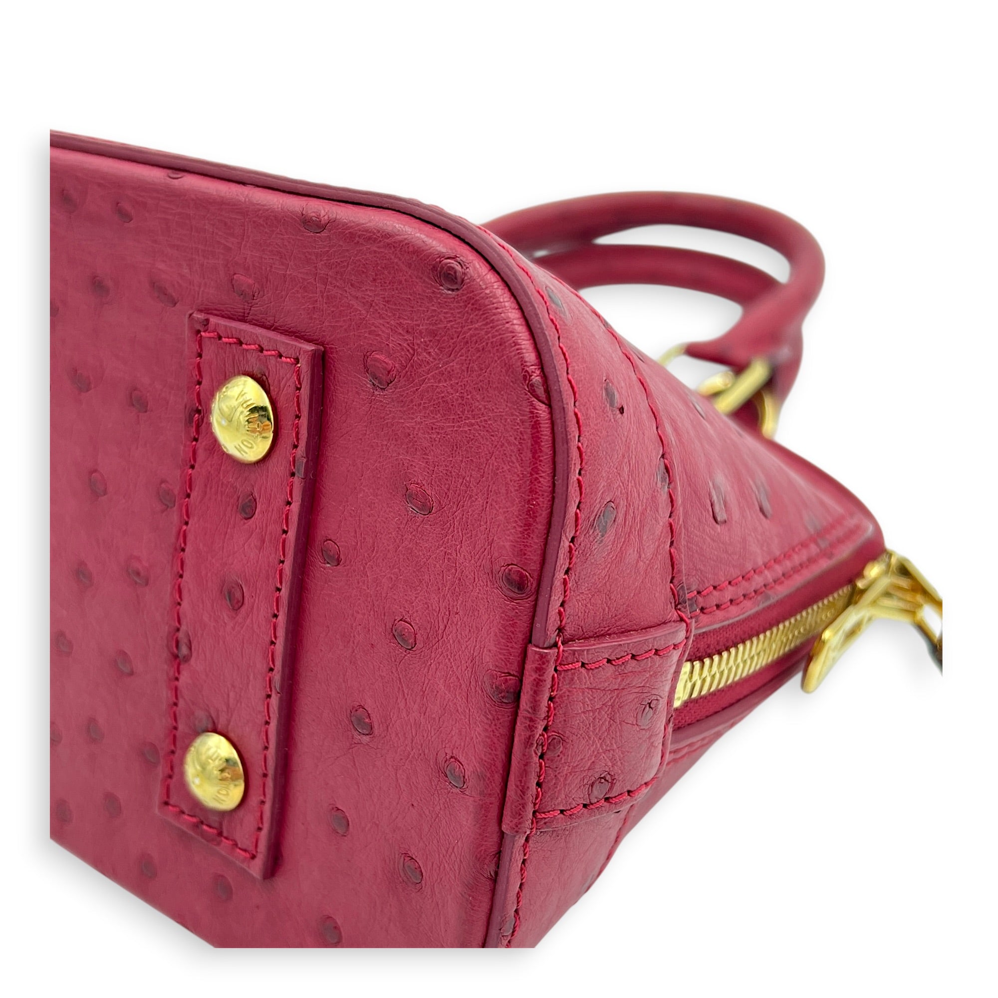 Alma Top Handle Bag BB Red in Ostrich, Gold hardware