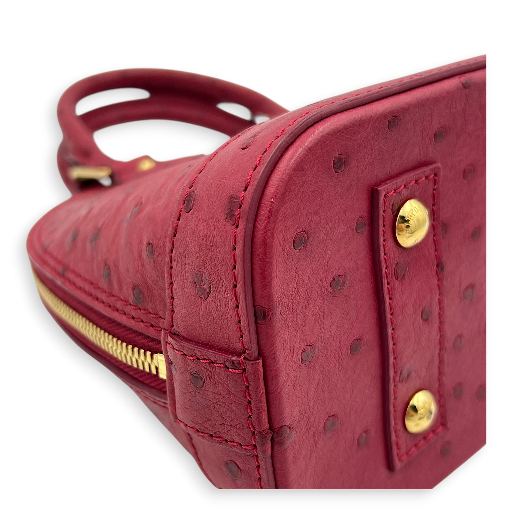 Alma Top Handle Bag BB Red in Ostrich, Gold hardware