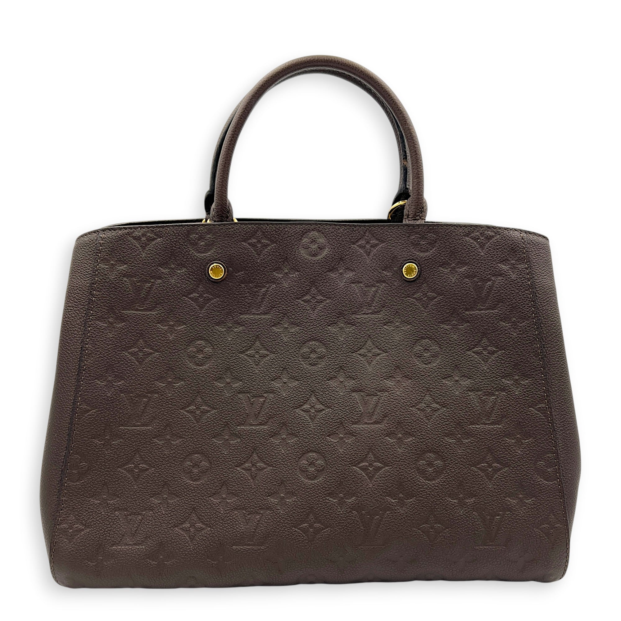 Montaigne Top Handle Bag GM Brown in Empreinte Leather, Gold hardware