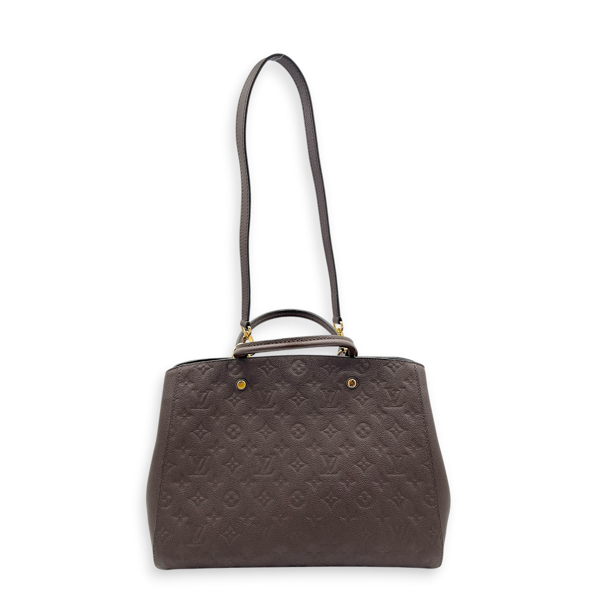 Montaigne Top Handle Bag GM Brown in Empreinte Leather, Gold hardware