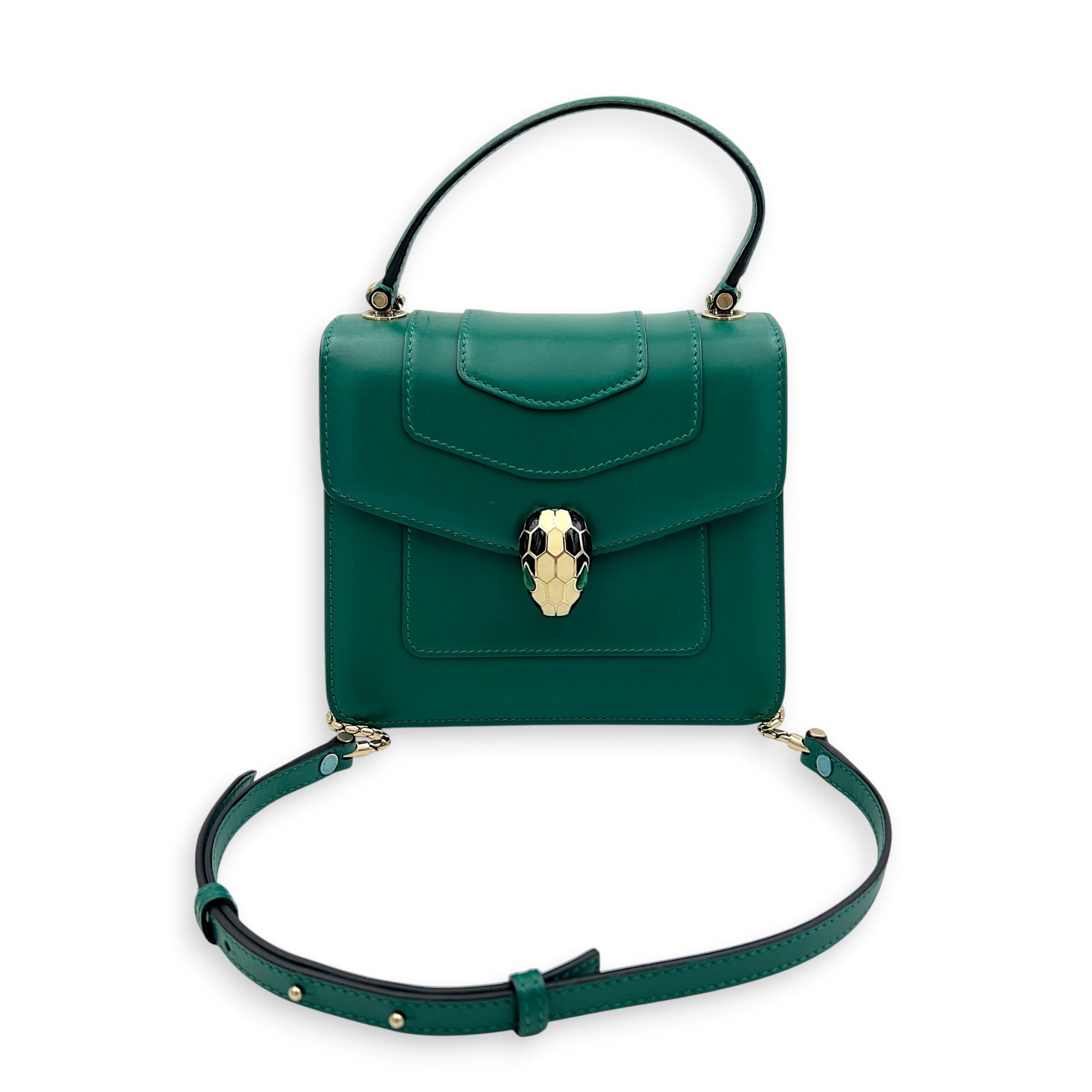 Serpenti Forever Top Handle Bag Green in Calfskin, Gold hardware