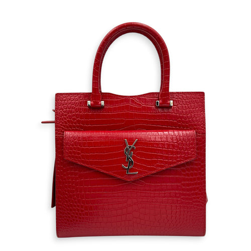 Uptown Top Handle Bag Red in Crocodile Embossed Calfskin, Silver hardware