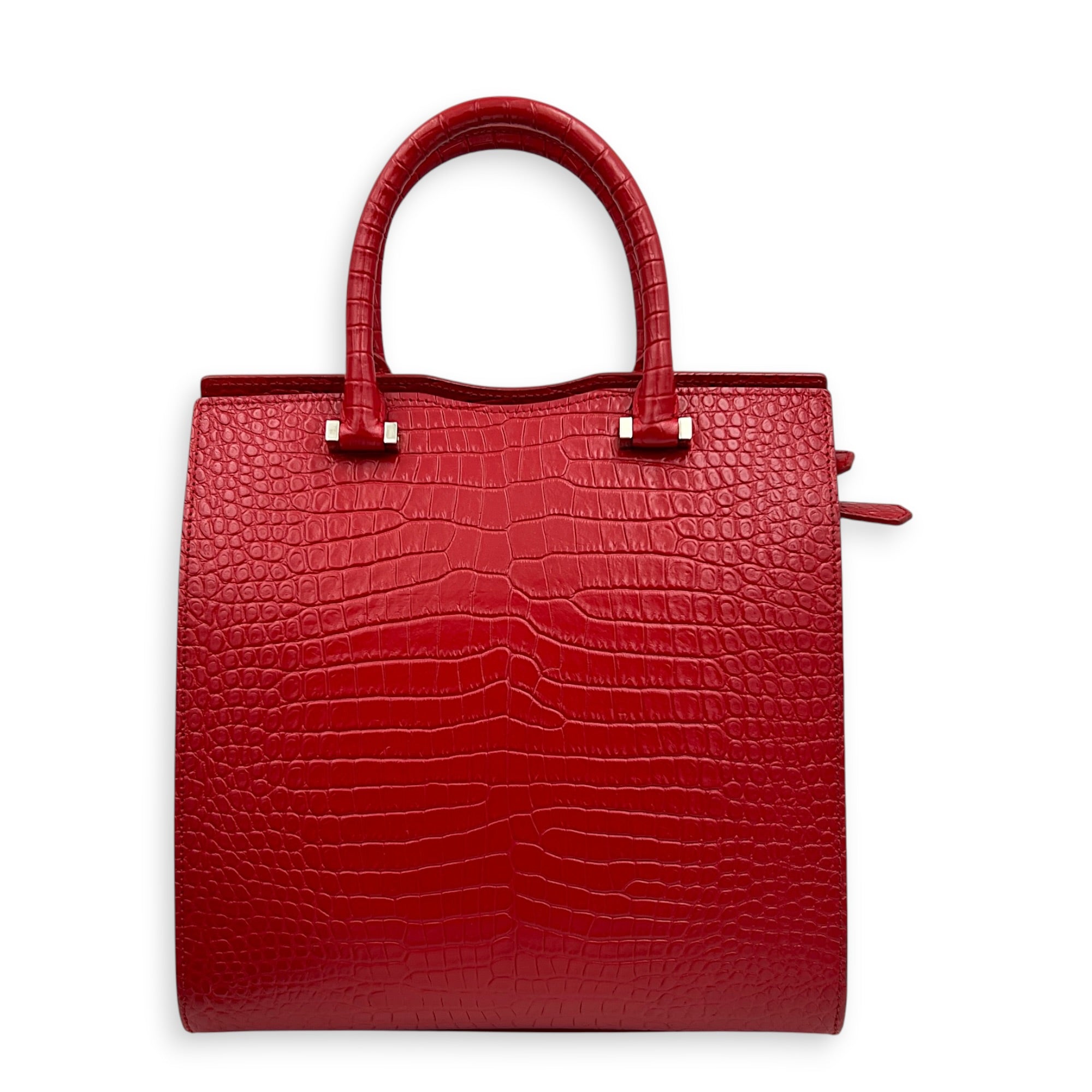Uptown Top Handle Bag Red in Crocodile Embossed Calfskin, Silver hardware