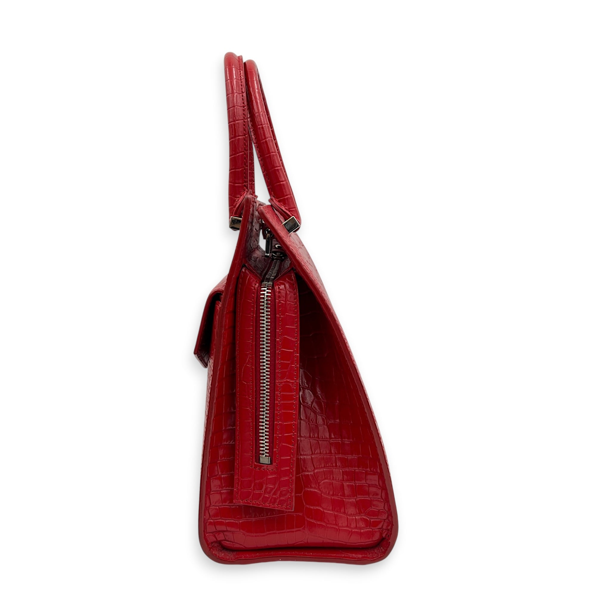 Uptown Top Handle Bag Red in Crocodile Embossed Calfskin, Silver hardware
