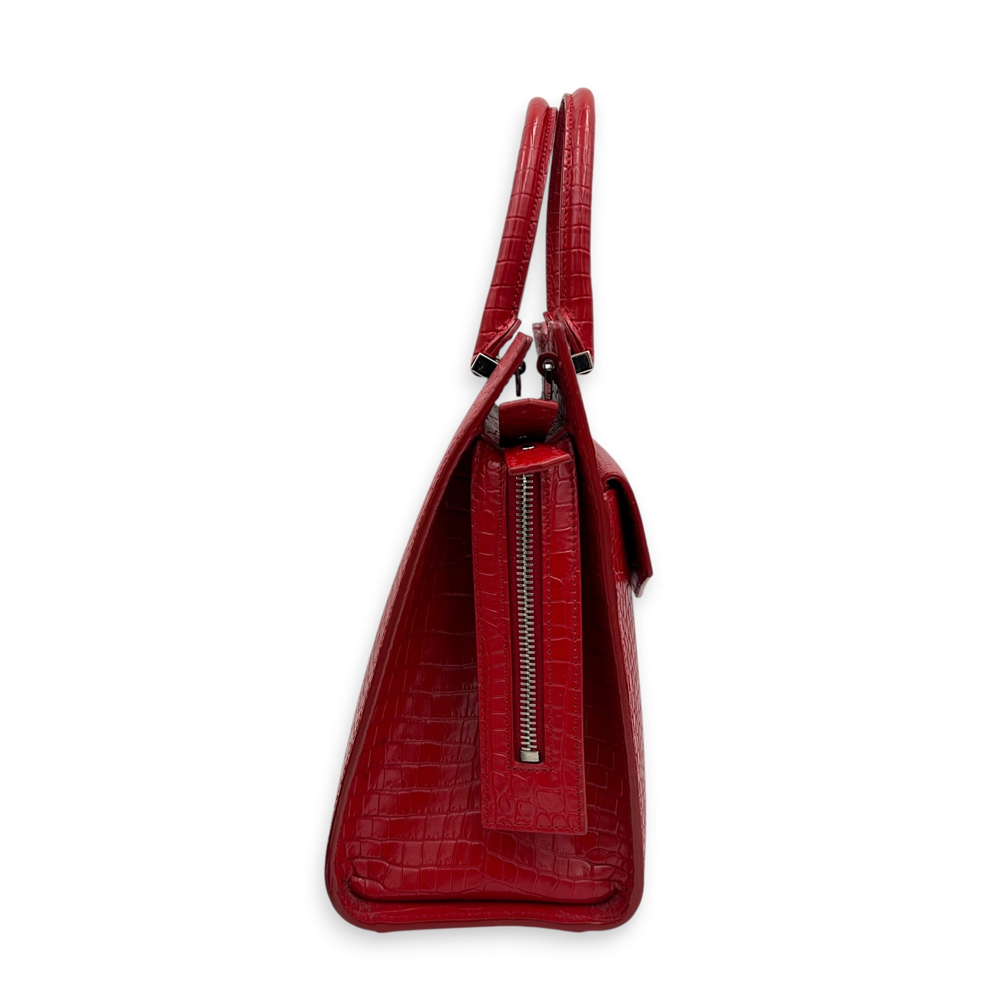Uptown Top Handle Bag Red in Crocodile Embossed Calfskin, Silver hardware