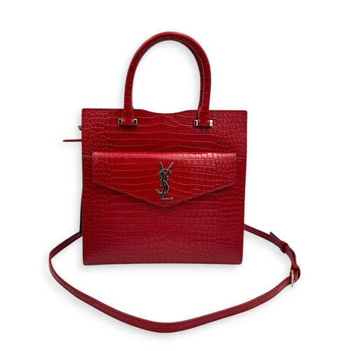 Uptown Top Handle Bag Red in Crocodile Embossed Calfskin, Silver hardware