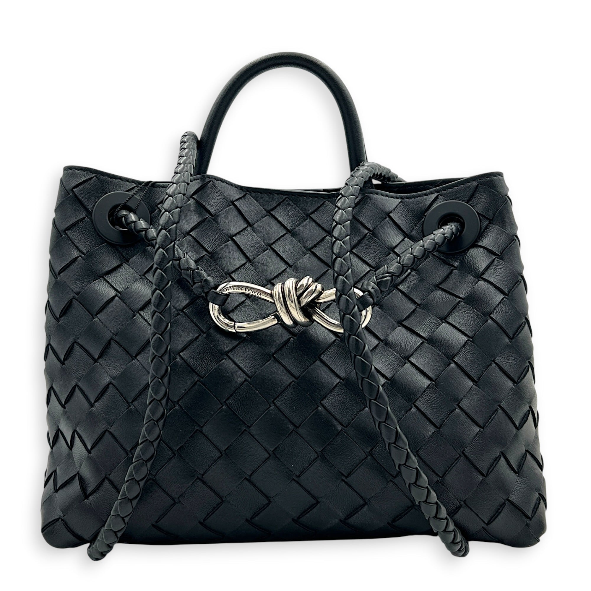 Andiamo Small Black Shoulder Bag in Lambskin, Ruthenium hardware