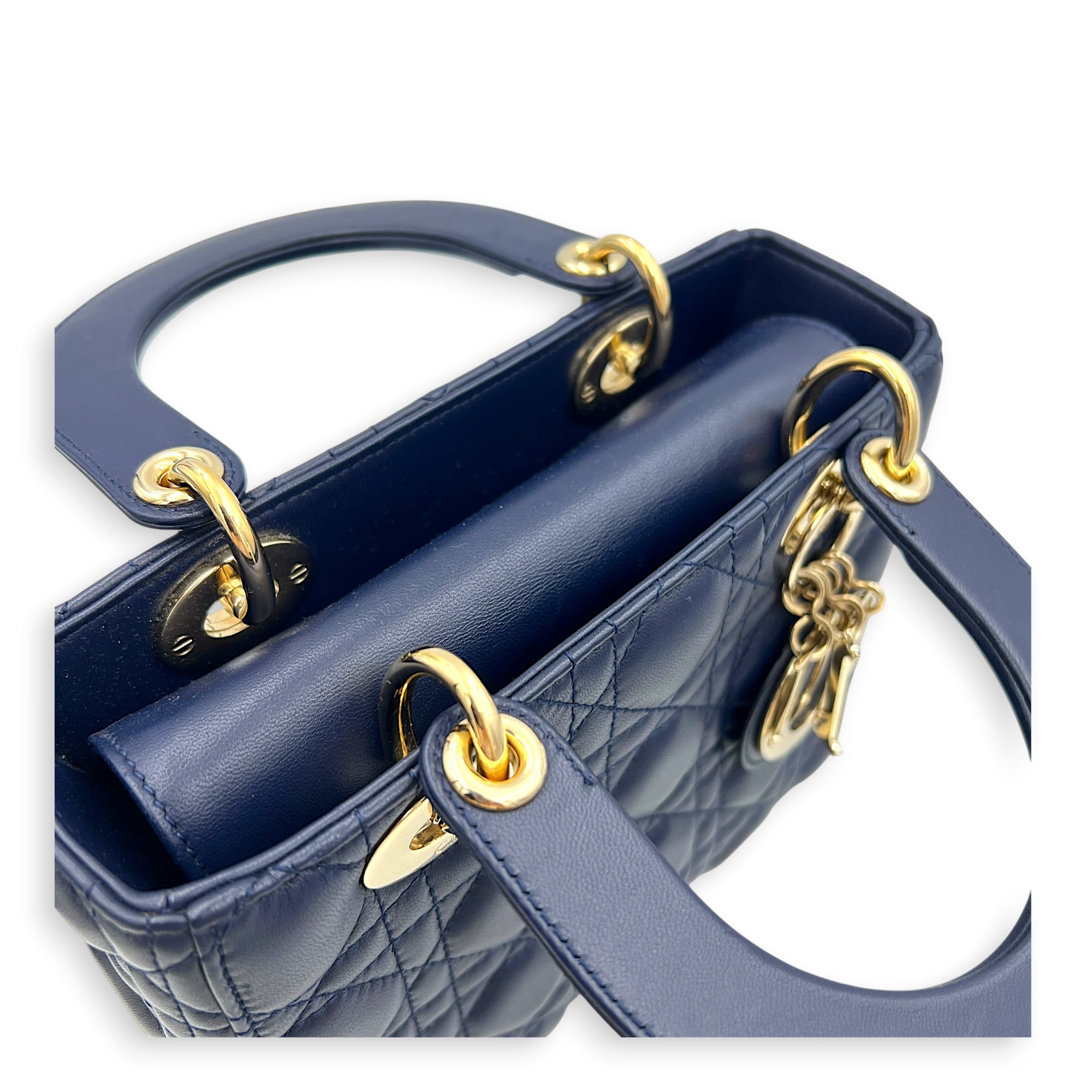 Lady Dior Top Handle Bag Small Blue in Lambskin, Gold hardware