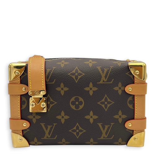 Side Trunk PM Brown Crossbody Bag in Coated Canvas, Gold hardware