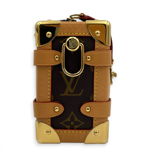 Side Trunk PM Brown Crossbody Bag in Coated Canvas, Gold hardware