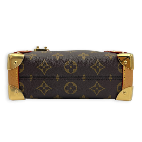 Side Trunk PM Brown Crossbody Bag in Coated Canvas, Gold hardware