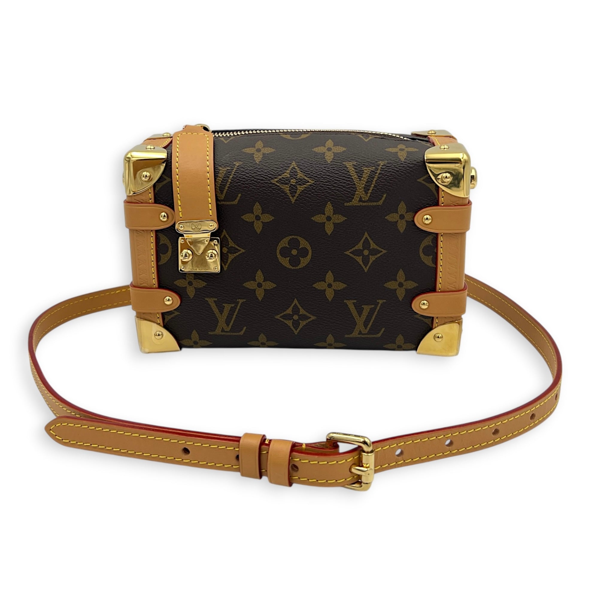 Side Trunk PM Brown Crossbody Bag in Coated Canvas, Gold hardware