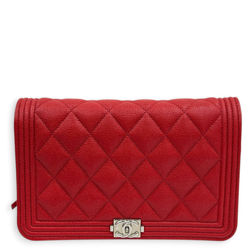 Boy Wallet On Chain Red in Caviar Leather, Silver hardware
