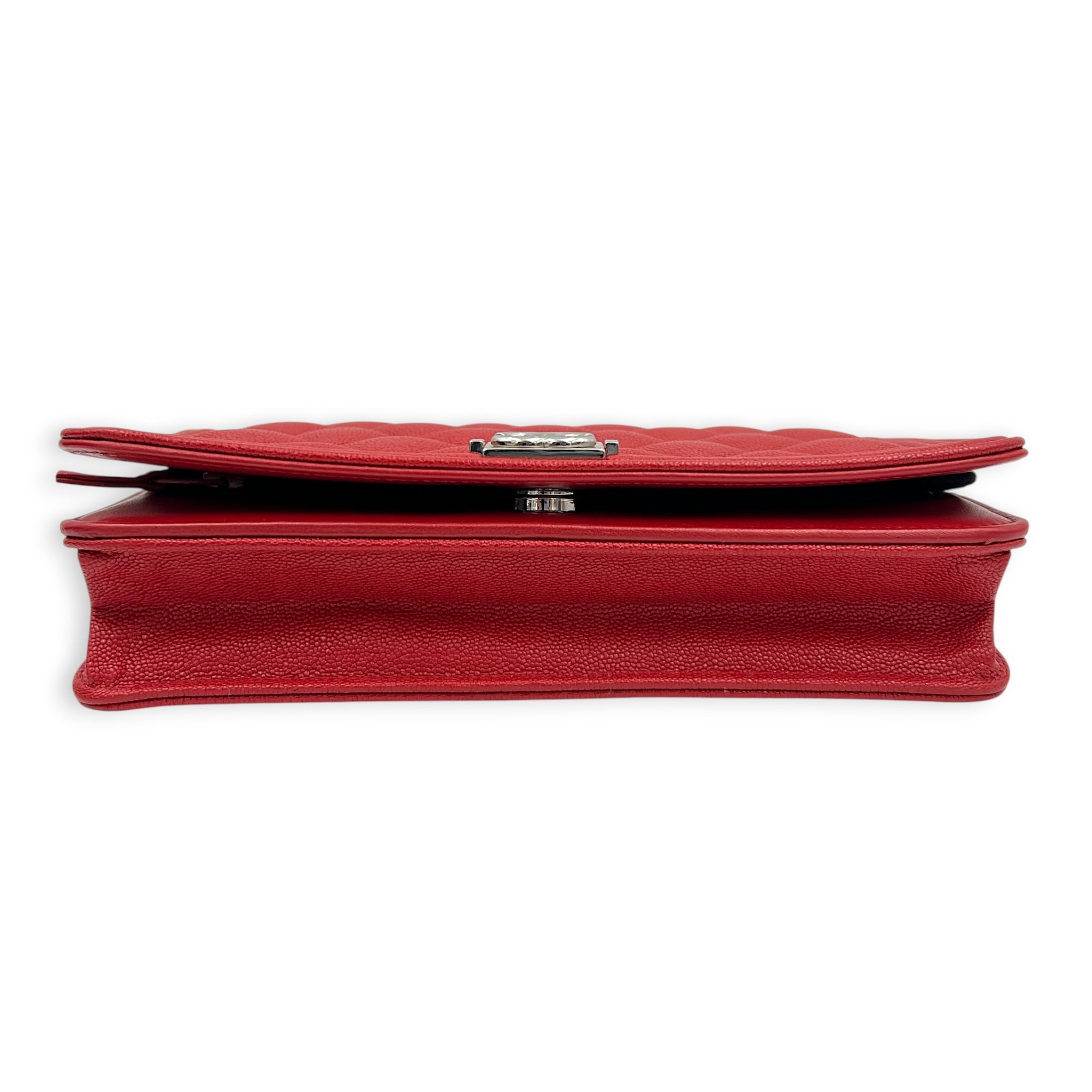 Boy Wallet On Chain Red in Caviar Leather, Silver hardware