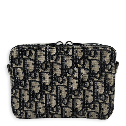 Double Zip Camera Shoulder Bag Blue in Jacquard, Silver hardware