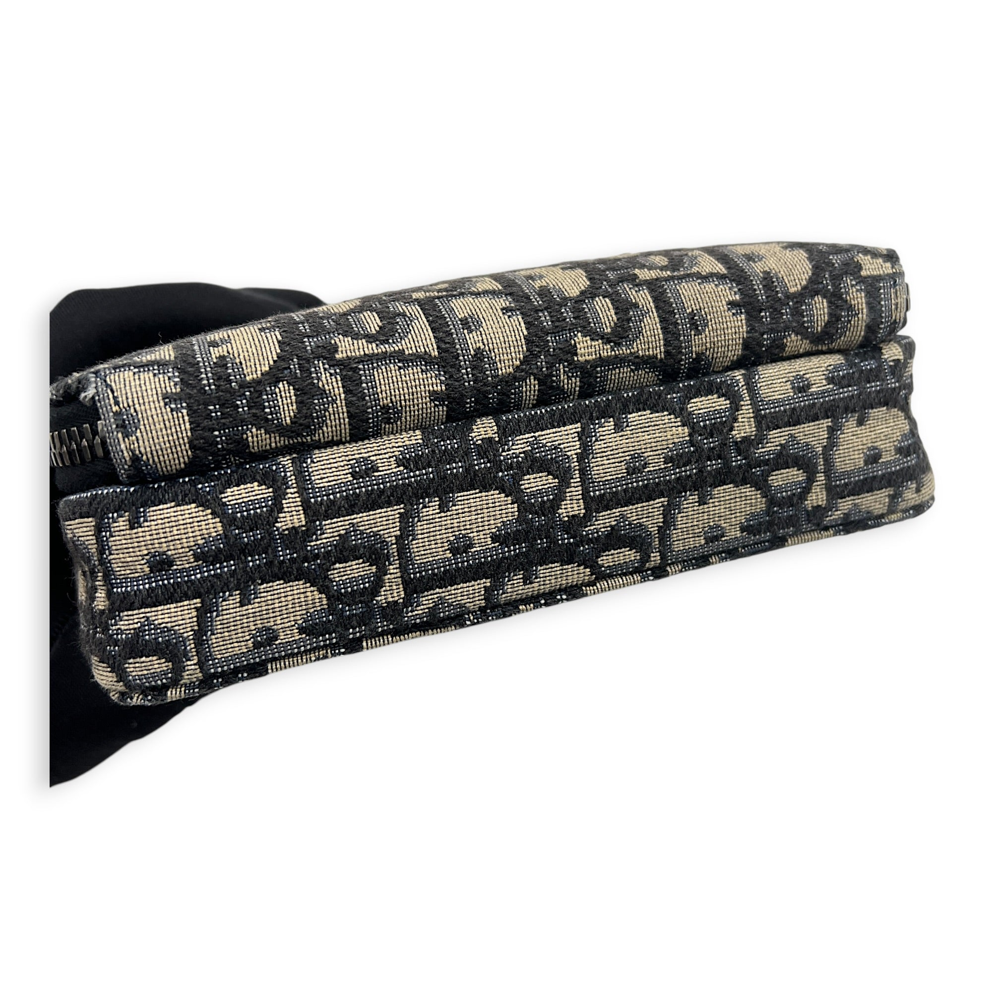 Double Zip Camera Shoulder Bag Blue in Jacquard, Silver hardware