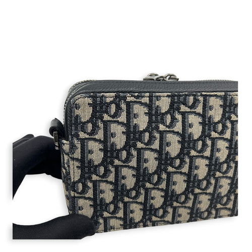 Double Zip Camera Shoulder Bag Blue in Jacquard, Silver hardware