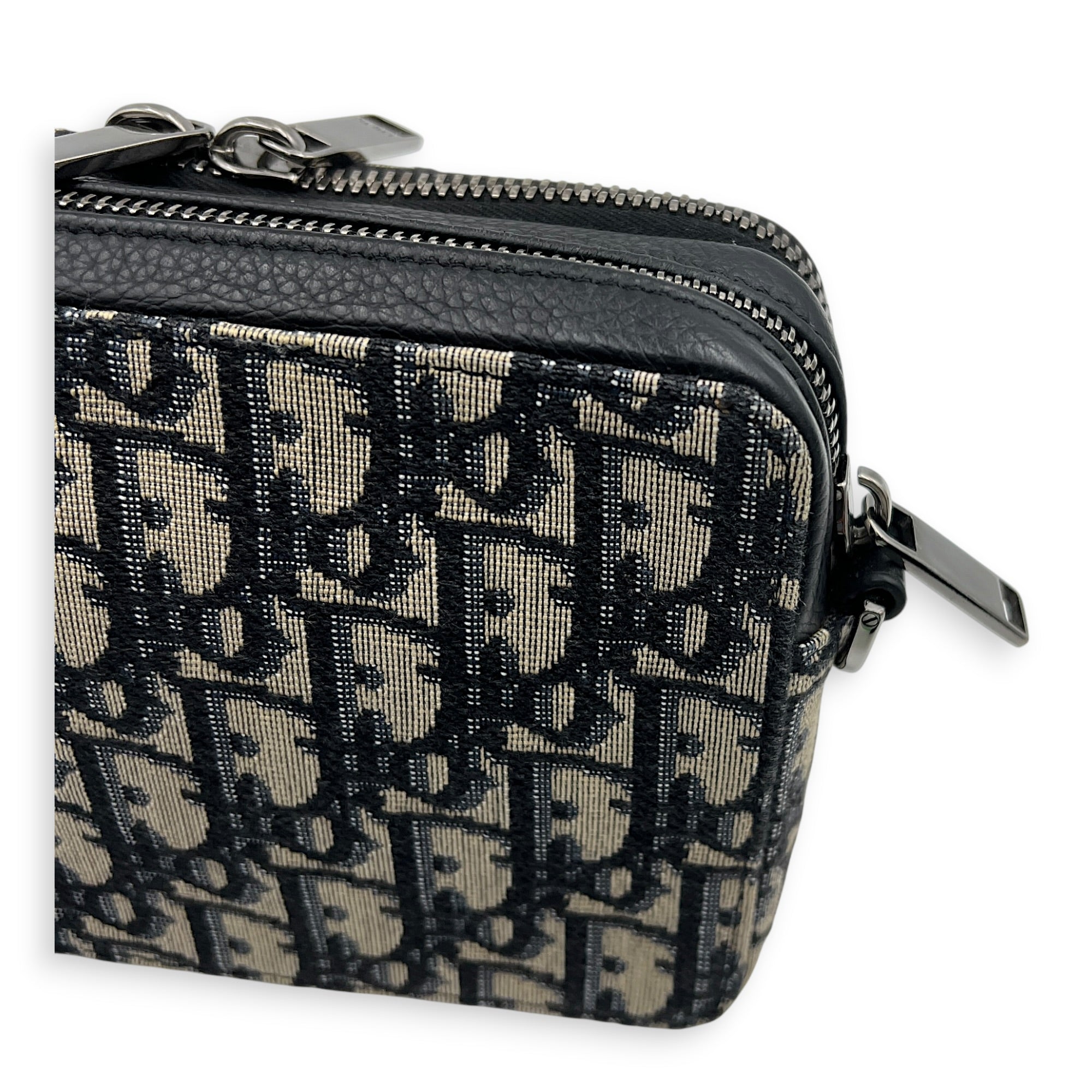 Double Zip Camera Shoulder Bag Blue in Jacquard, Silver hardware