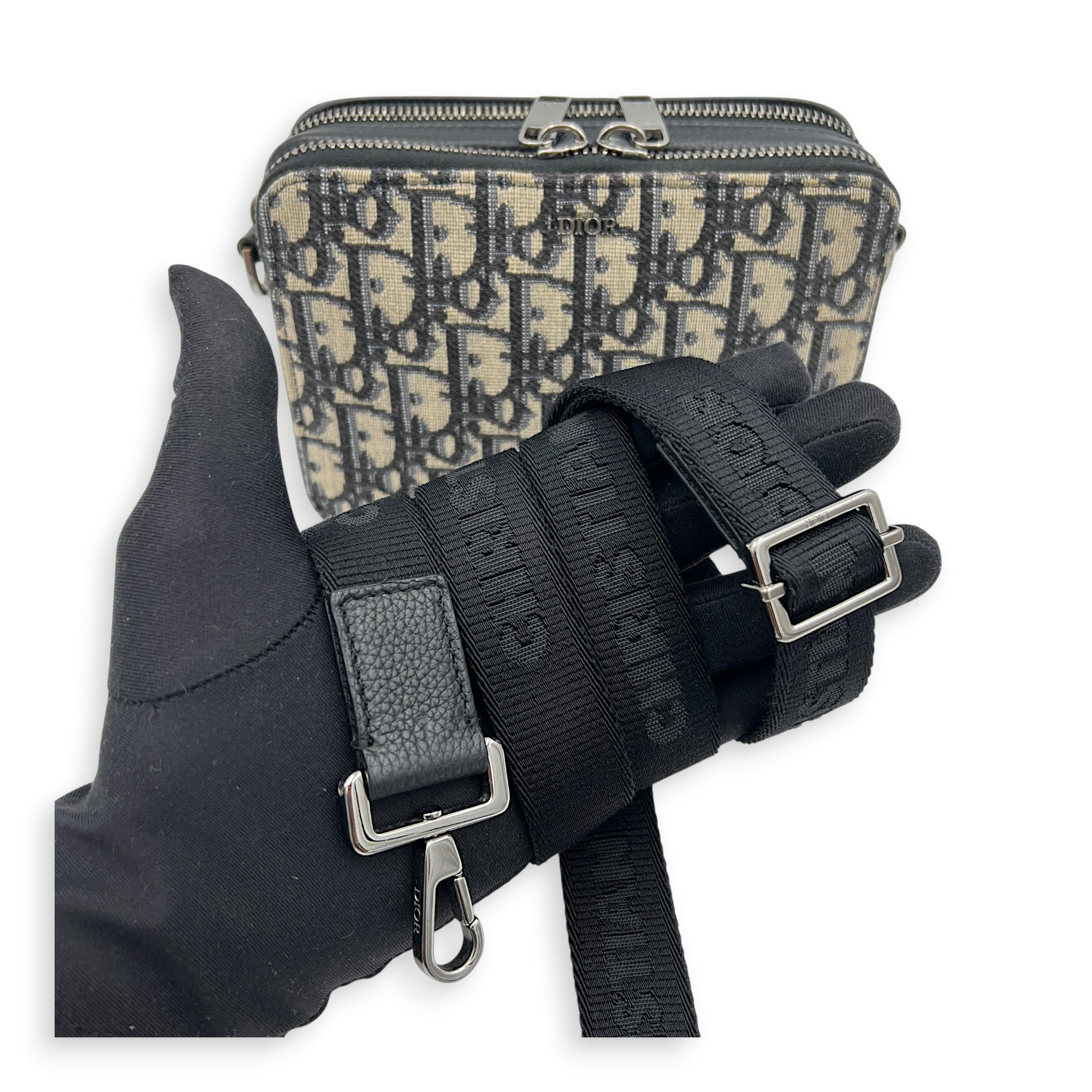 Double Zip Camera Shoulder Bag Blue in Jacquard, Silver hardware