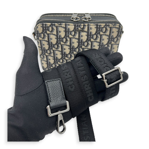 Double Zip Camera Shoulder Bag Blue in Jacquard, Silver hardware