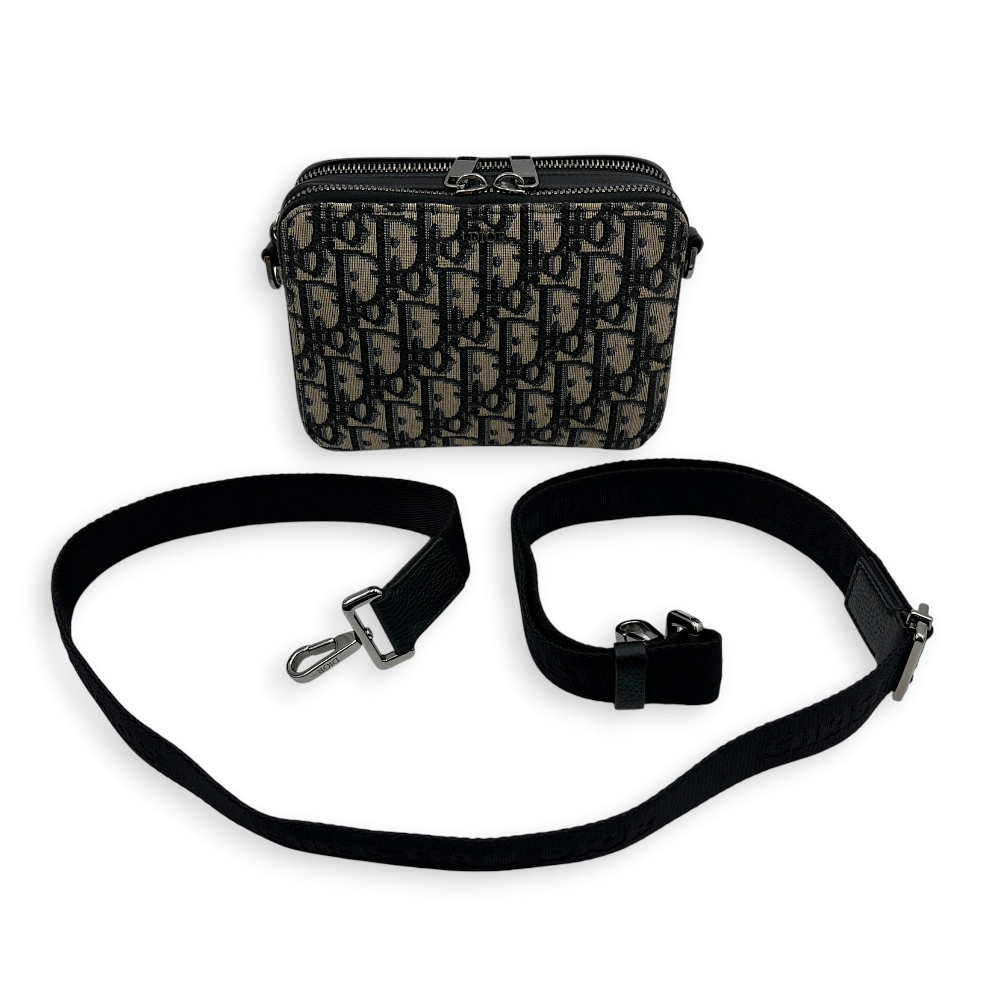 Double Zip Camera Shoulder Bag Blue in Jacquard, Silver hardware