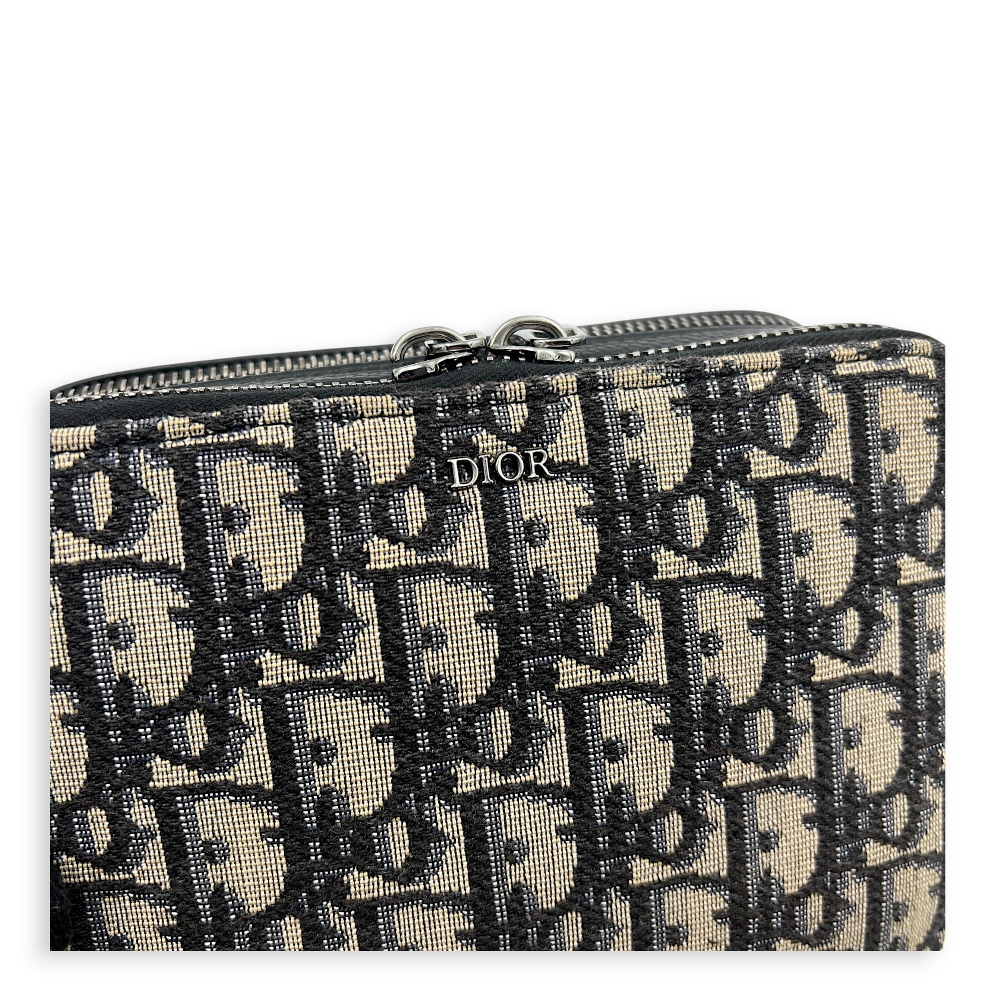 Double Zip Camera Shoulder Bag Blue in Jacquard, Silver hardware