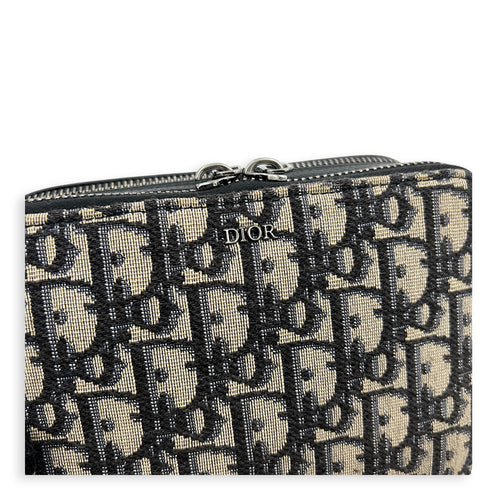 Double Zip Camera Shoulder Bag Blue in Jacquard, Silver hardware