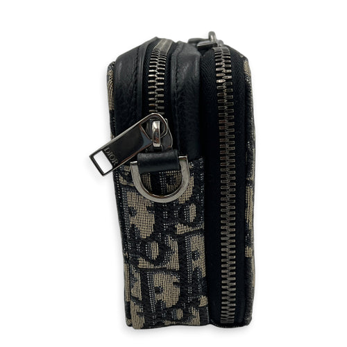 Double Zip Camera Shoulder Bag Blue in Jacquard, Silver hardware