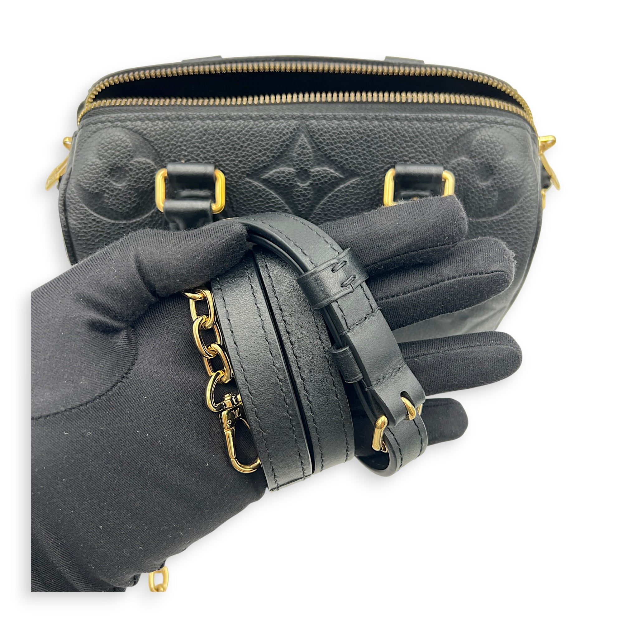 Speedy Bandouliere Top Handle Bag 20 Black in Empreinte Leather, Gold hardware
