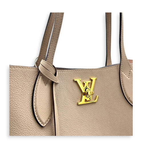 Lock Me Tote Bag Beige in Calfskin, Gold hardware