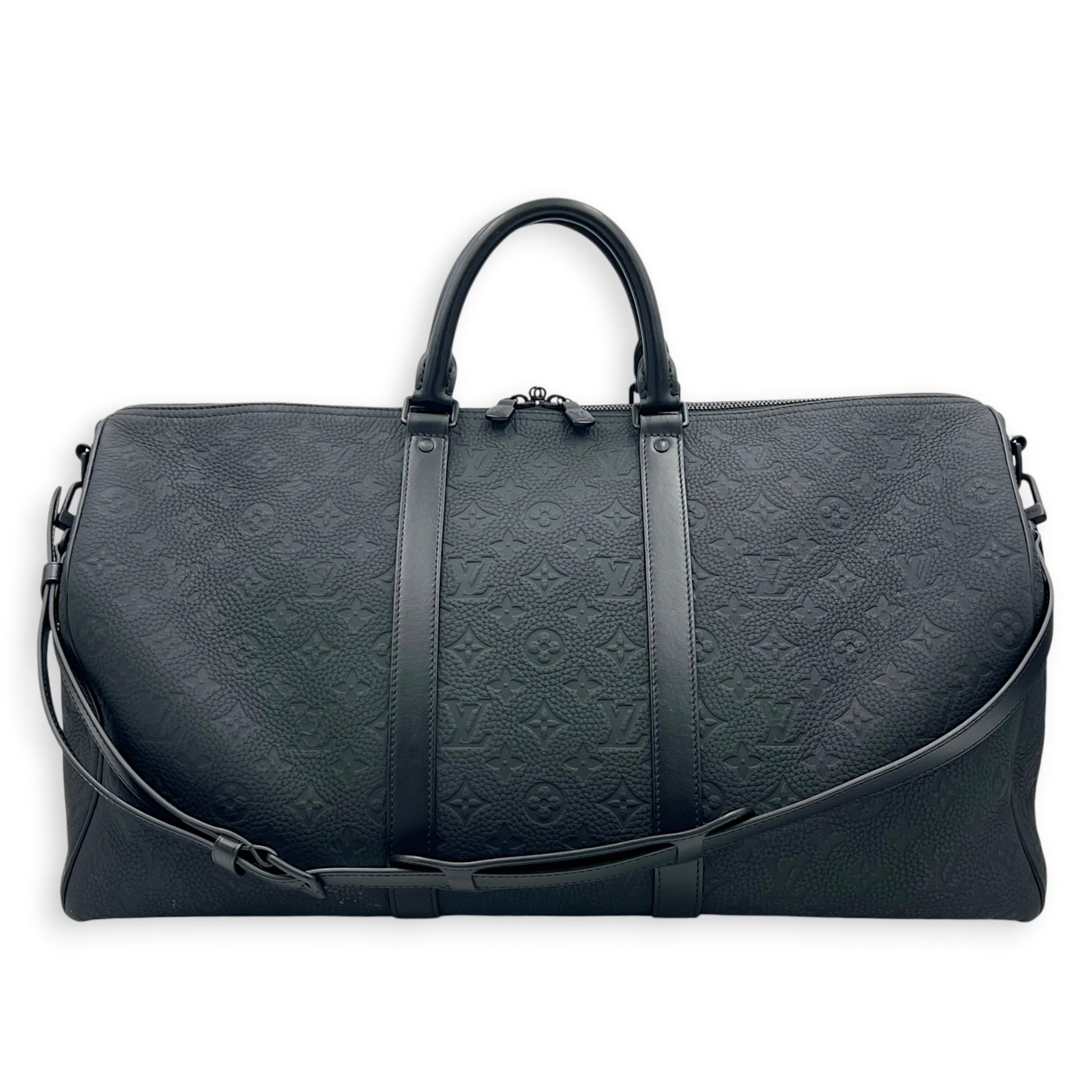 Keepall Bandouliere 50 Black Top Handle Bag in Taurillon Leather, Black hardware