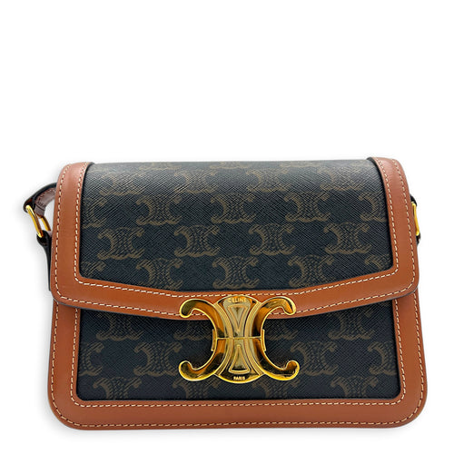 Triomphe Shoulder Bag Teen Brown in Coated Canvas, Gold hardware