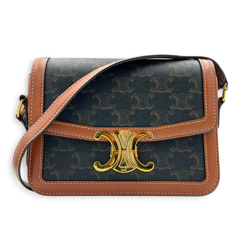 Triomphe Shoulder Bag Teen Brown in Coated Canvas, Gold hardware
