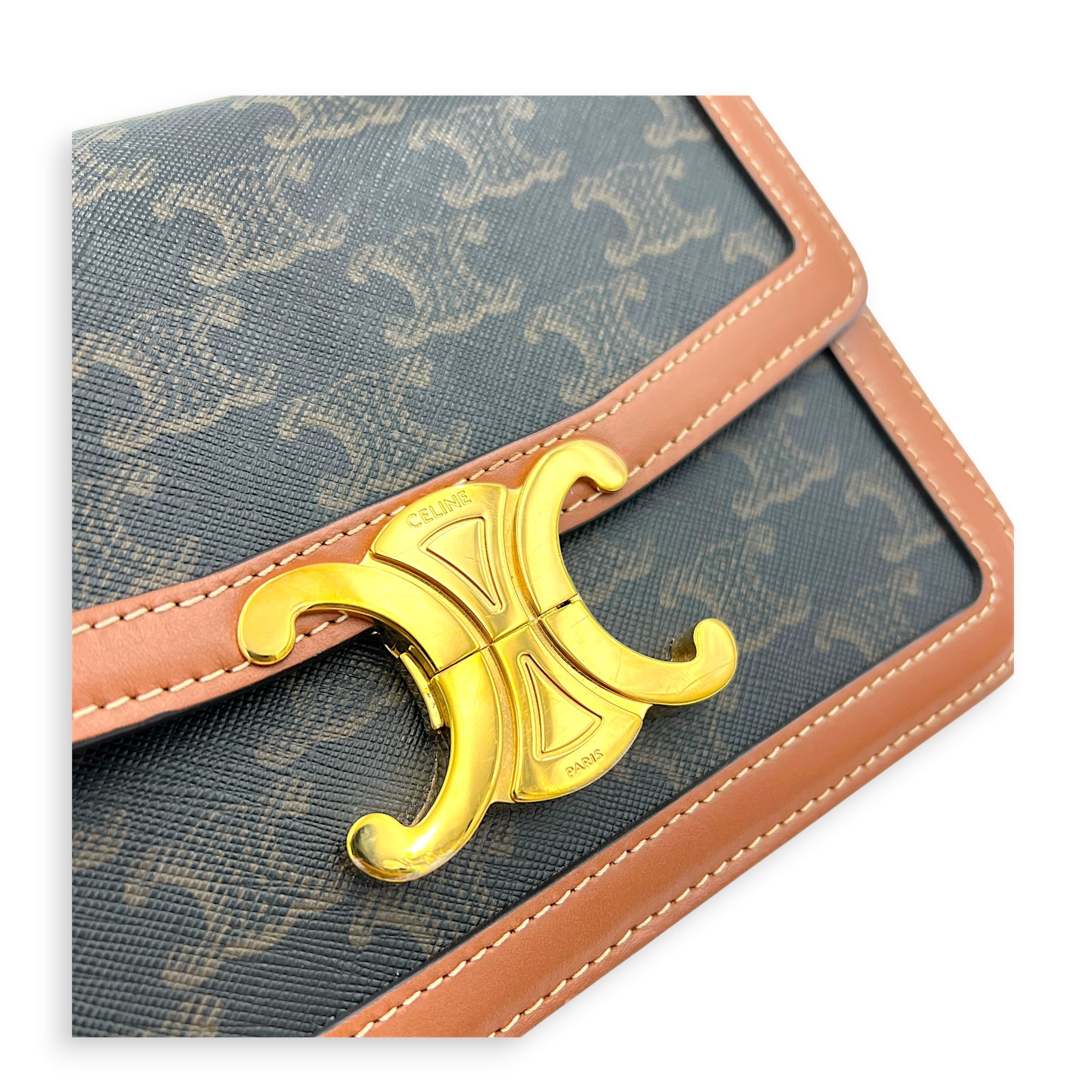 Triomphe Shoulder Bag Teen Brown in Coated Canvas, Gold hardware