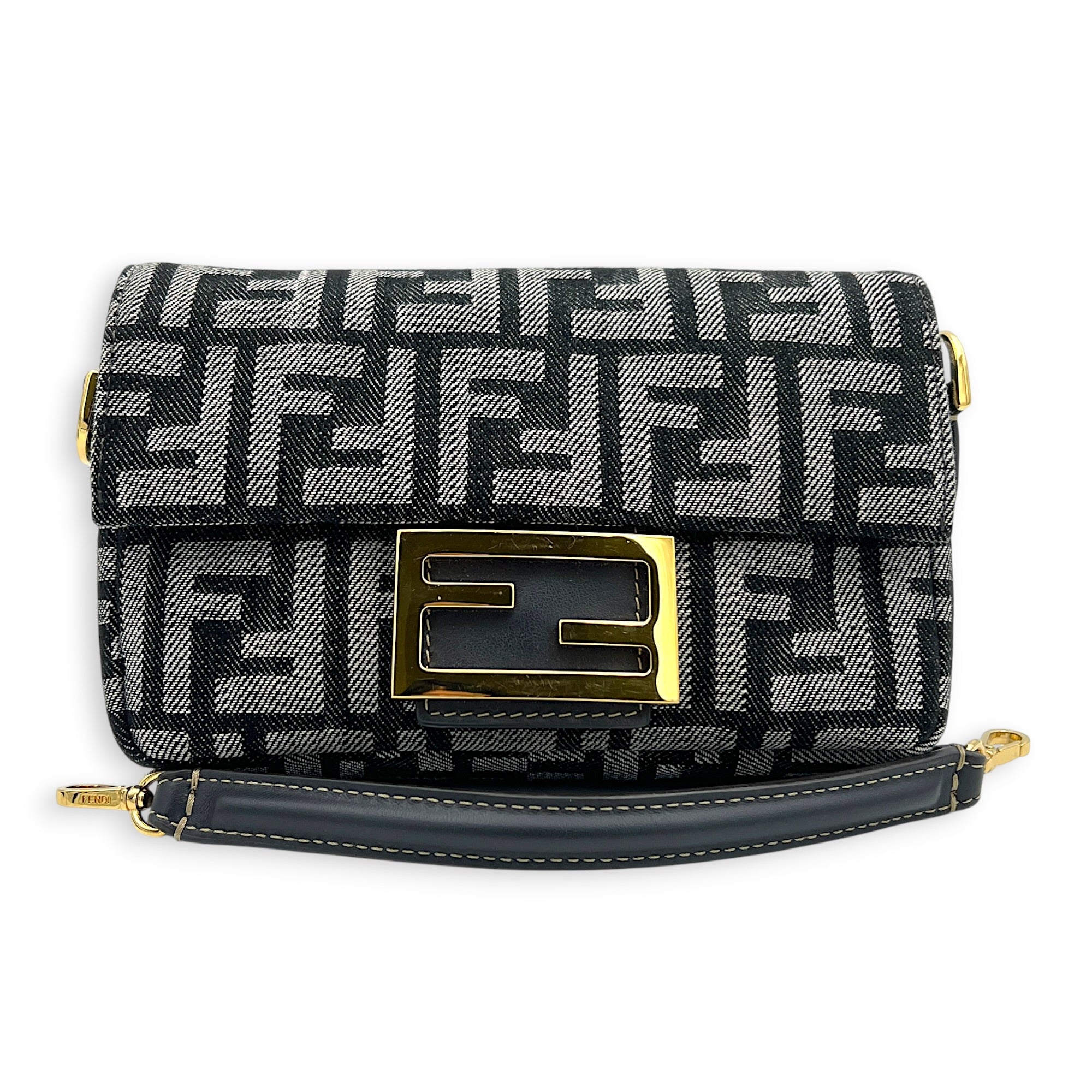 Zucca Baguette Grey Shoulder Bag in Denim, Gold hardware