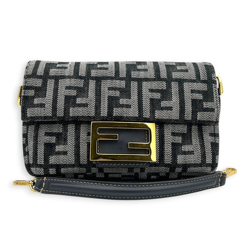 Zucca Baguette Grey Shoulder Bag in Denim, Gold hardware