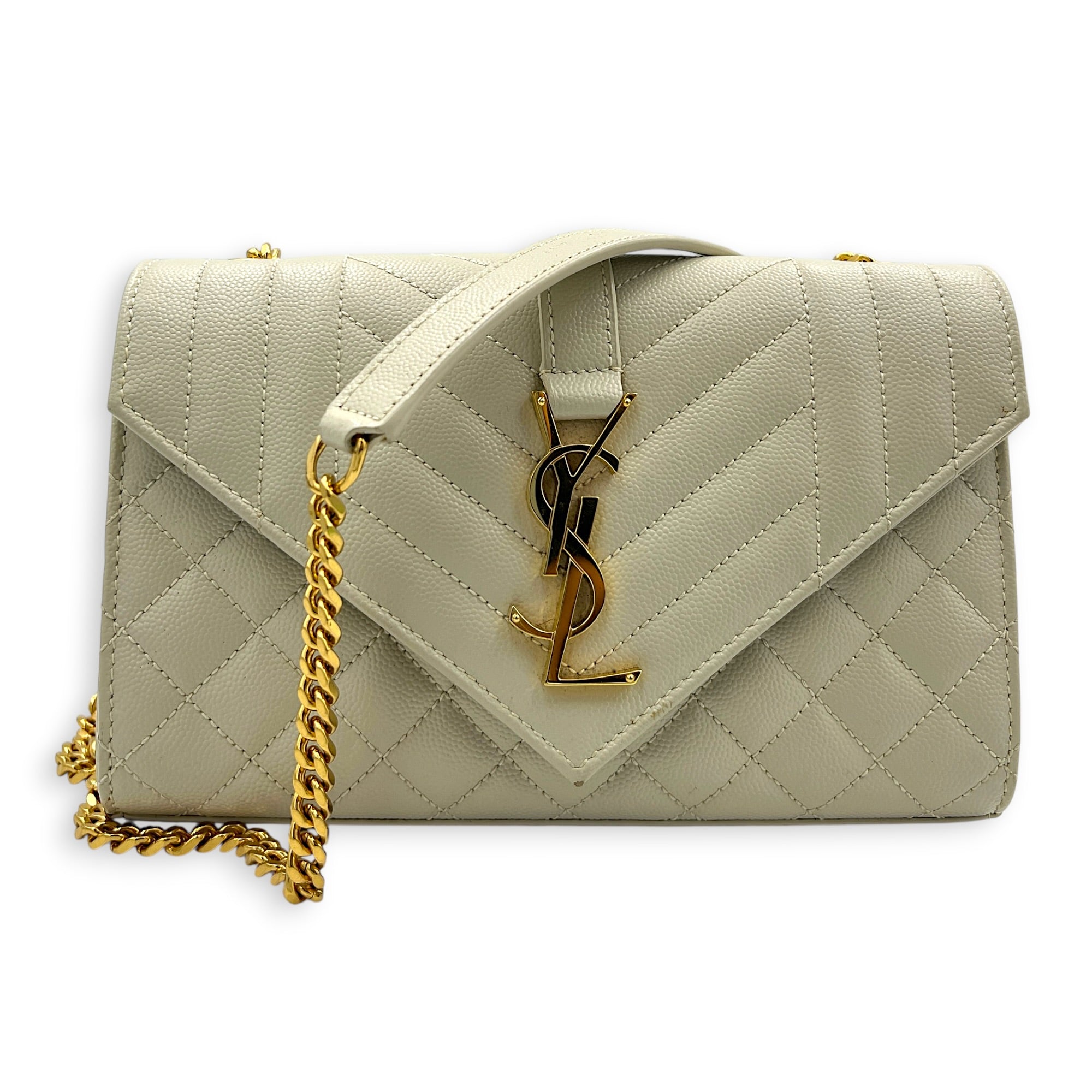 Envelope Shoulder Bag White in Grained Leather, Gold hardware